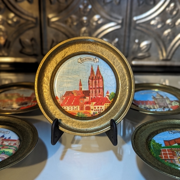 Vintage Brass Painted Porcelain German Coasters/Miniature Collectable Plates. - Picture 3 of 7